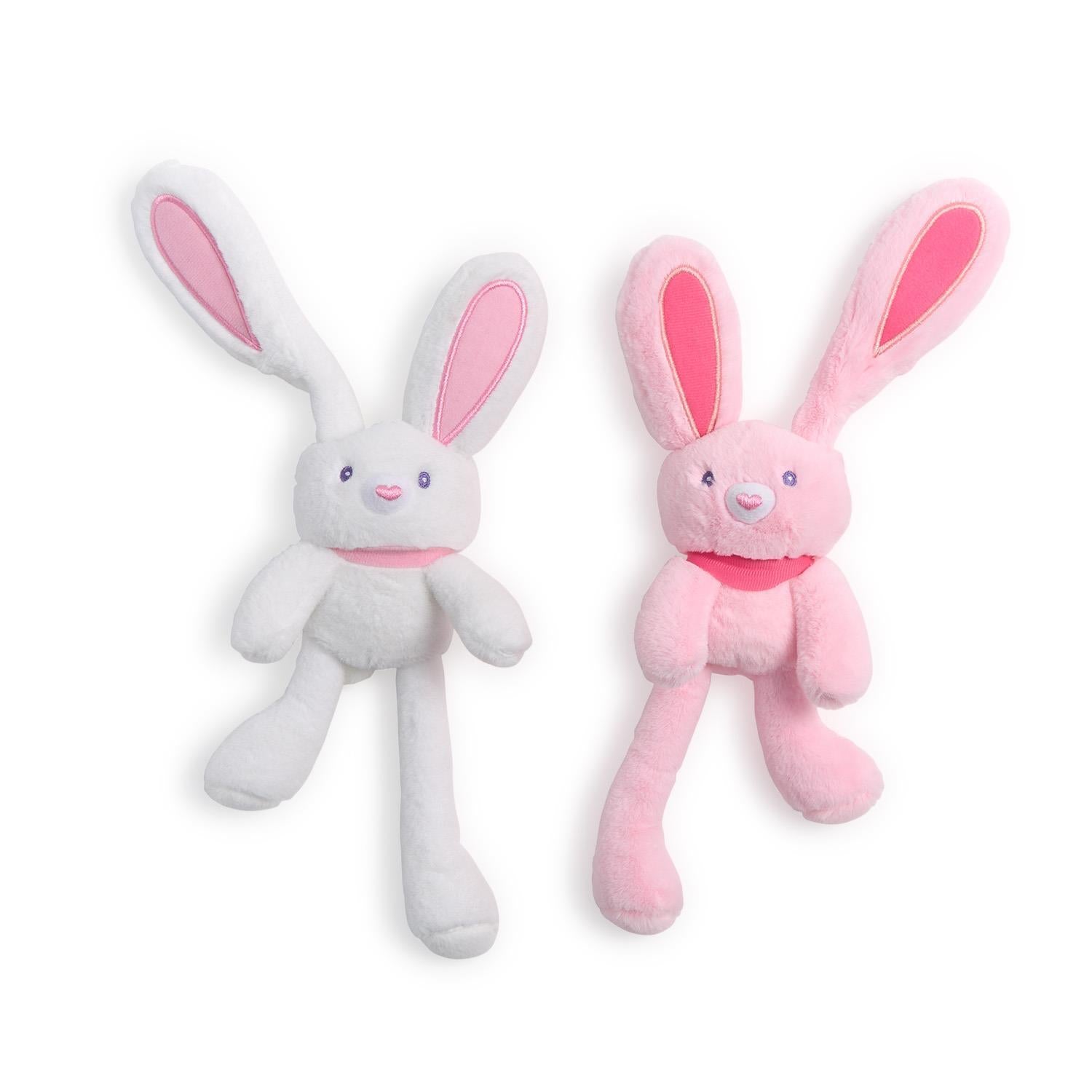 Plush toys depicting a white and a pink long-eared bunny, each with pink inner ears and a matching pink collar, presented on a clean white background