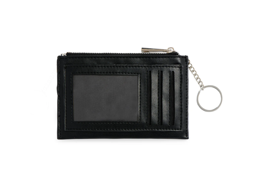 Black faux leather wallet or card holder on a white background featuring a silver zipper closure, a clear ID window, three vertical card slots, and an attached silver chain keychain ring