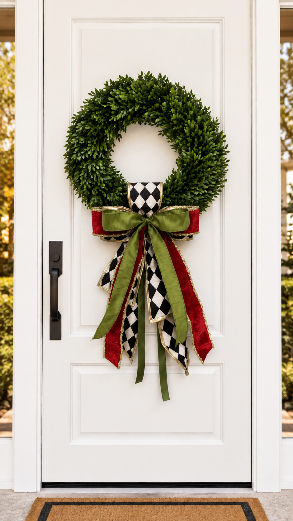 White front door with a boxwood wreath and a harlequin, olive green and red ribbon bow