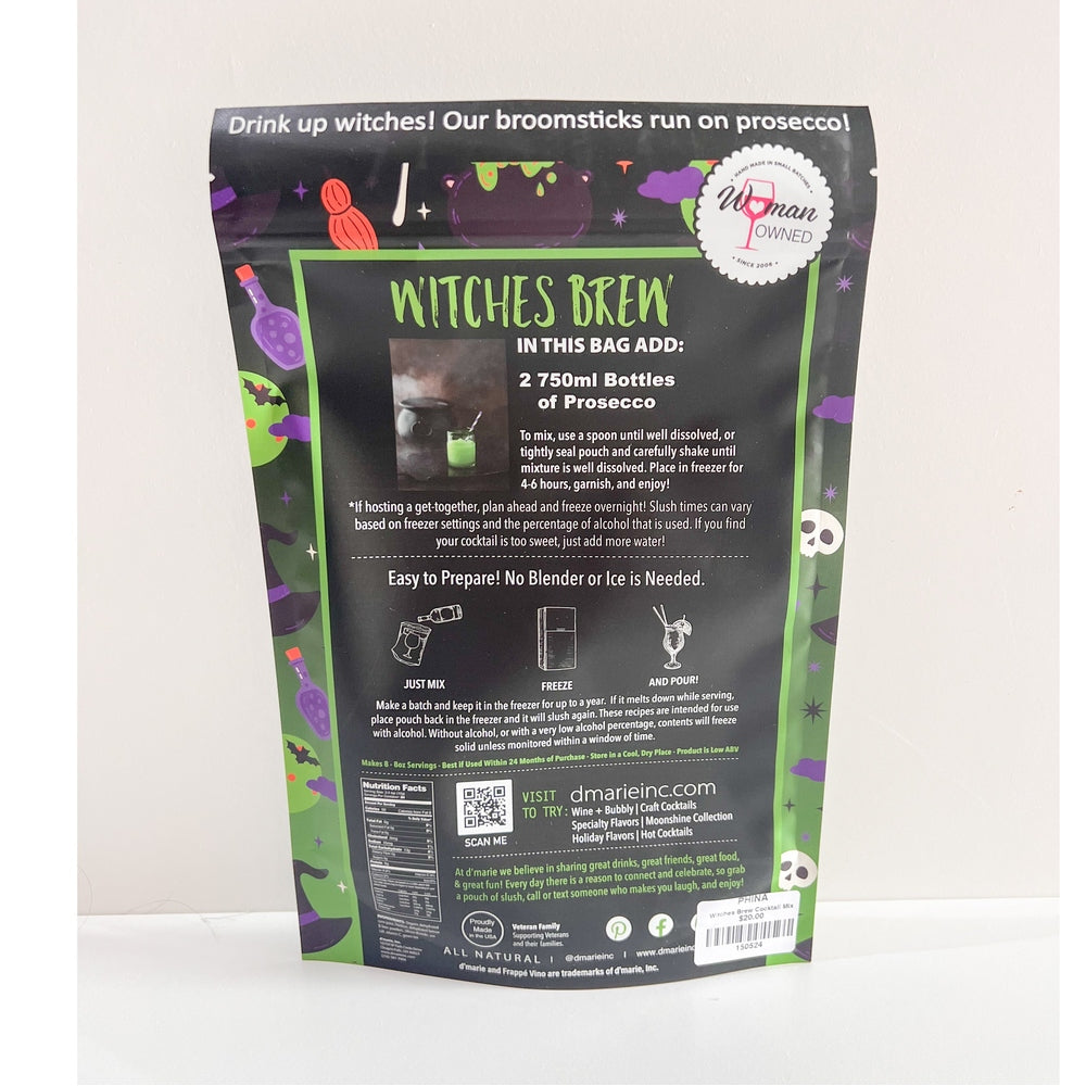 Back of Witches Brew cocktail mix pouch with preparation instructions and nutrition facts