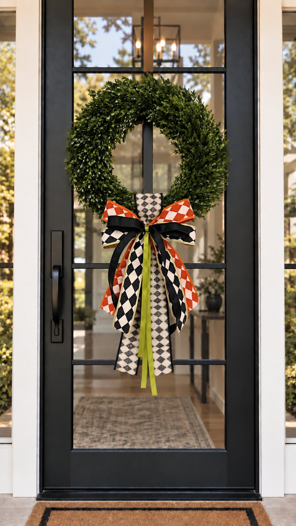 Front door with a boxwood wreath and candy corn sash and bow
