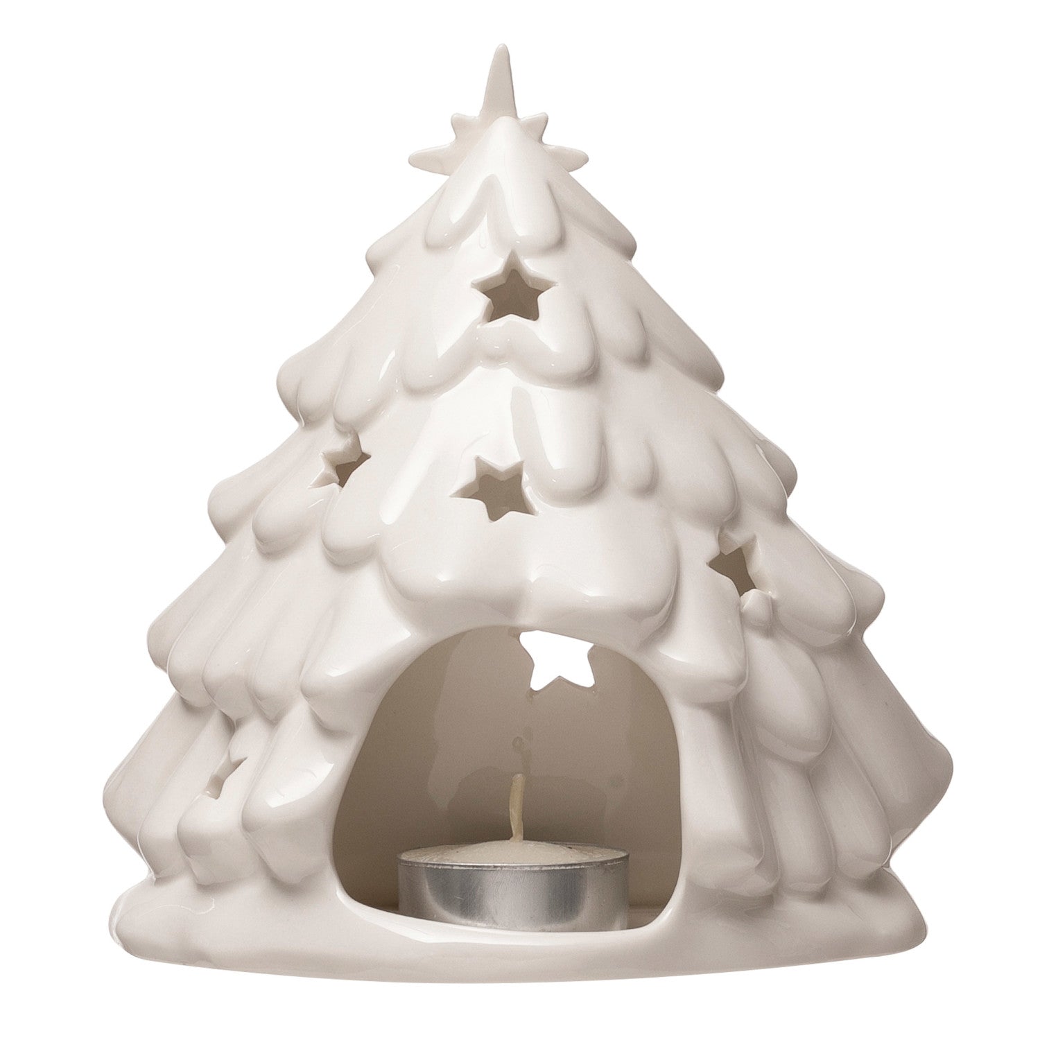 Stoneware Holy Family Candle Holder w/ Tree & Cut-Outs