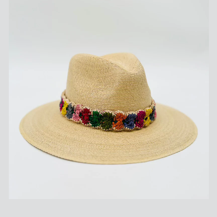Beige straw hat with a colorful flower band on a light gray background