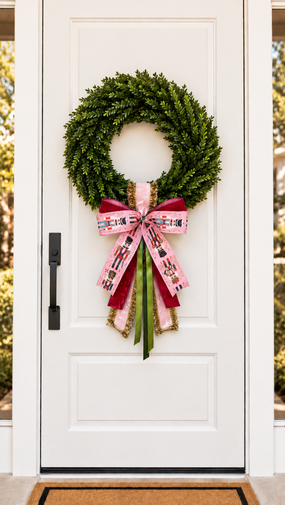 White front door with a boxwood wreath and a pink nutcracker-print ribbon bow