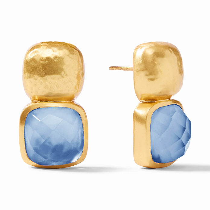 Gold stud earrings with a hammered metal top and a square faceted blue stone drop