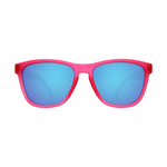 Sunglasses with pink frame and blue lenses on a white background