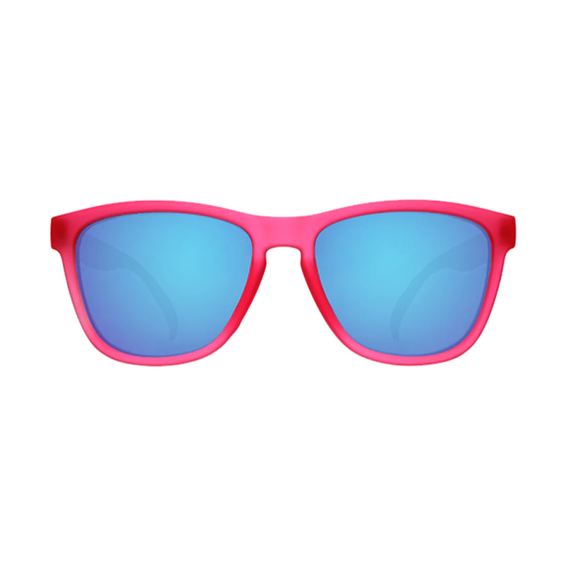 Sunglasses with pink frame and blue lenses on a white background