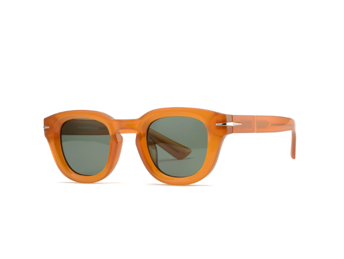 Orange sunglasses with dark lenses on a white background