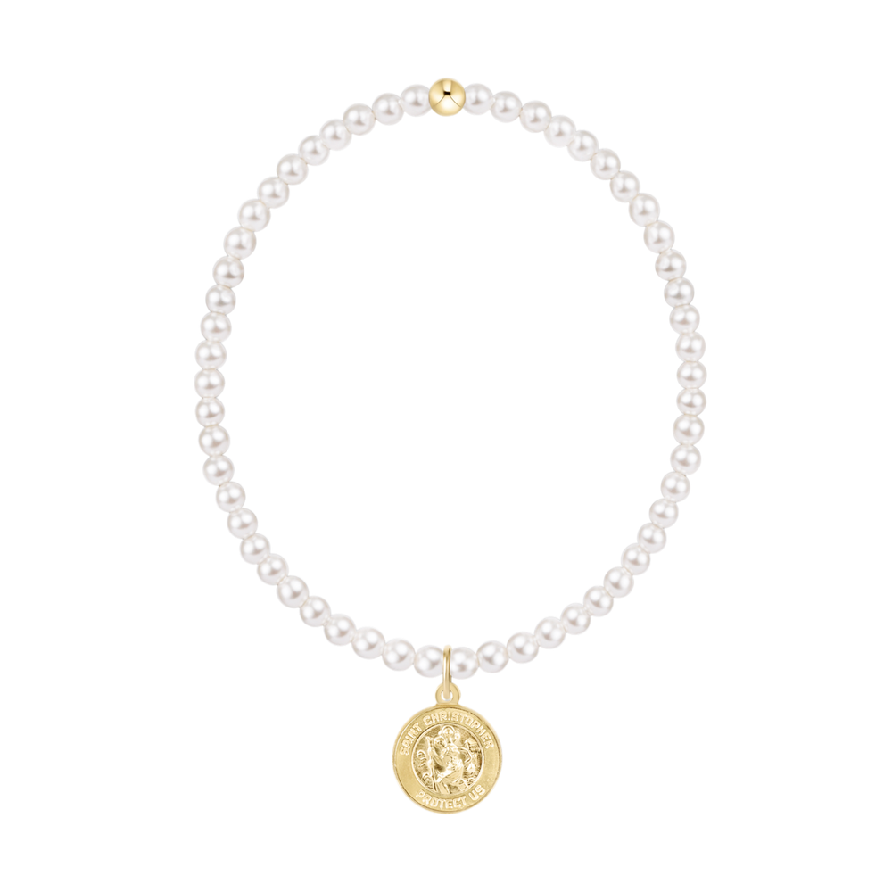 White pearl beaded necklace with a gold Saint Christopher pendant