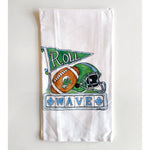 White towel with sports-themed design featuring a football, helmet, and text on a white background