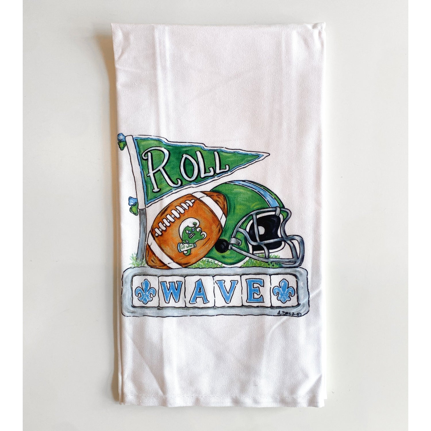 White towel with sports-themed design featuring a football, helmet, and text on a white background
