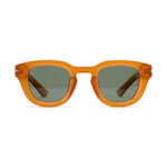 Orange sunglasses with dark lenses on a white background