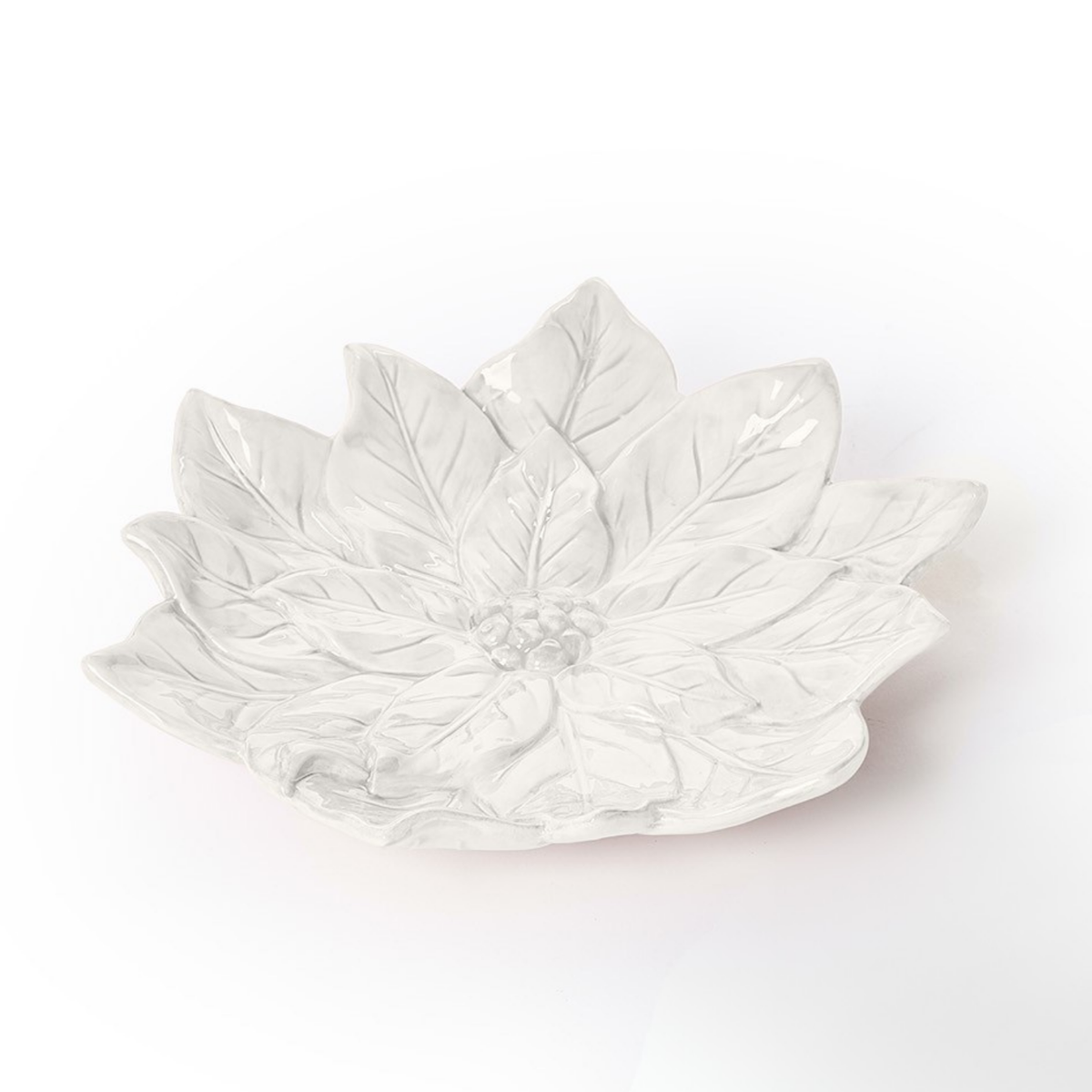 Angled view of the white poinsettia tidbit plate