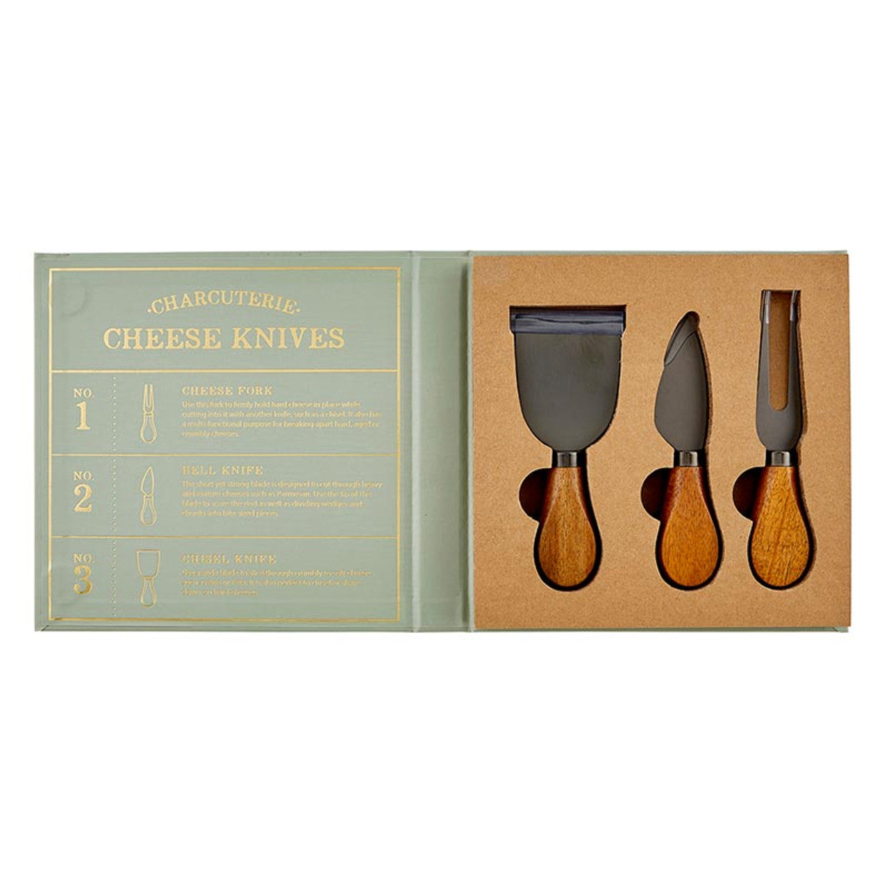 Charcuterie Cheese Knives set displayed in an open sage green gift box with gold lettering showcasing three dark grey stainless steel cheese tools a fork a bell knife and a chisel knife with light wooden handles nestled in brown cardboard inserts