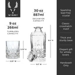 VISKI crystal whiskey decanter and matching tumbler set made of sparkling lead-free crystal showcasing a classic crosshatch motif a thick sturdy base a 30 oz decanter capacity and a 9 oz tumbler capacity