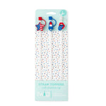 Product photography of Swig Life patriotic reusable straw set with three silicone toppers including a red striped star a red white and blue rocket pop and red lips with a blue star tongue packaged with confetti-dotted clear straws