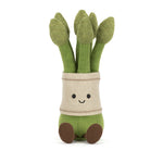 Plush asparagus bundle with a smiling face and brown feet
