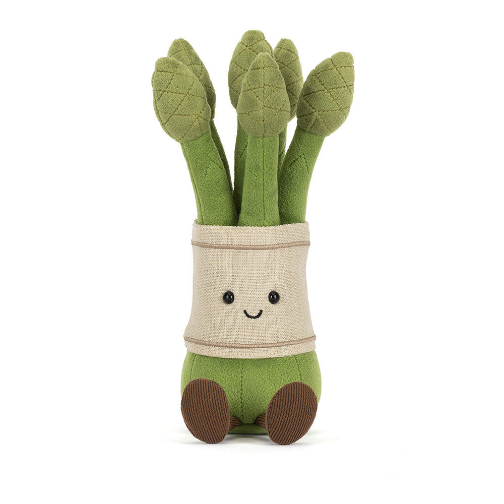 Plush asparagus bundle with a smiling face and brown feet
