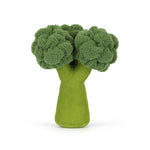 Plush toy broccoli with two dark green fuzzy florets and a lighter green smooth fabric stem standing upright on a white background