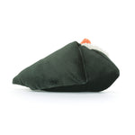Soft plush toy by Jellycat depicting a hand-rolled temaki sushi on a white background featuring a dark forest green velvet nori wrap, textured white fleece rice, and a vibrant orange topping