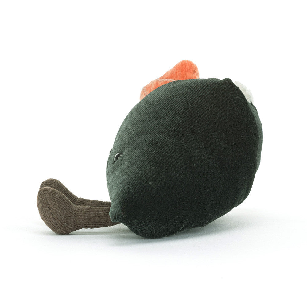 Jellycat plush toy of a Silly Sushi Salmon Gunkan on a white background featuring a dark green corduroy nori wrap, a vibrant orange textured topping, and small brown dangling legs
