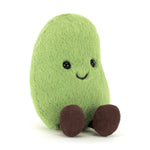 Green bean shaped plush toy with brown corduroy feet