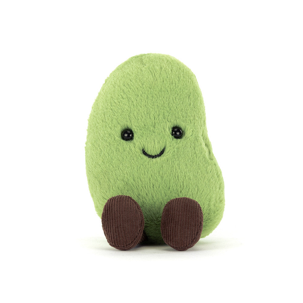 Jellycat plush toy Amuseable Bean sitting on a plain white background featuring soft lime green fuzz, small black beaded eyes, and tiny dark brown corduroy feet