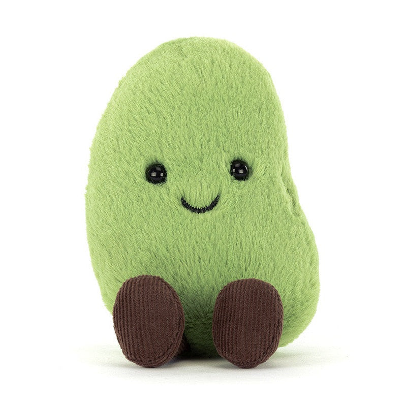 Green bean shaped plush toy with brown corduroy feet
