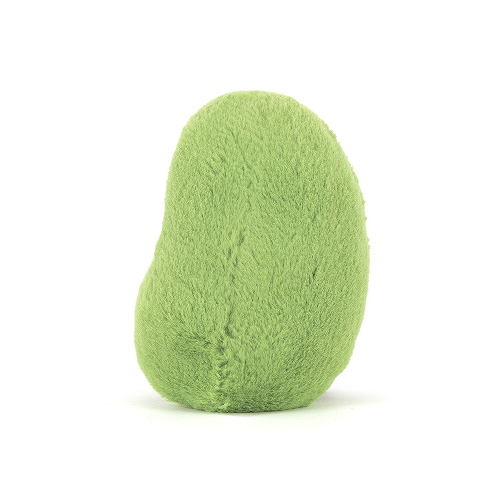 Plush toy by Jellycat of a lime green bean-shaped figure on a white studio background featuring soft fuzzy texture and a rounded organic silhouette