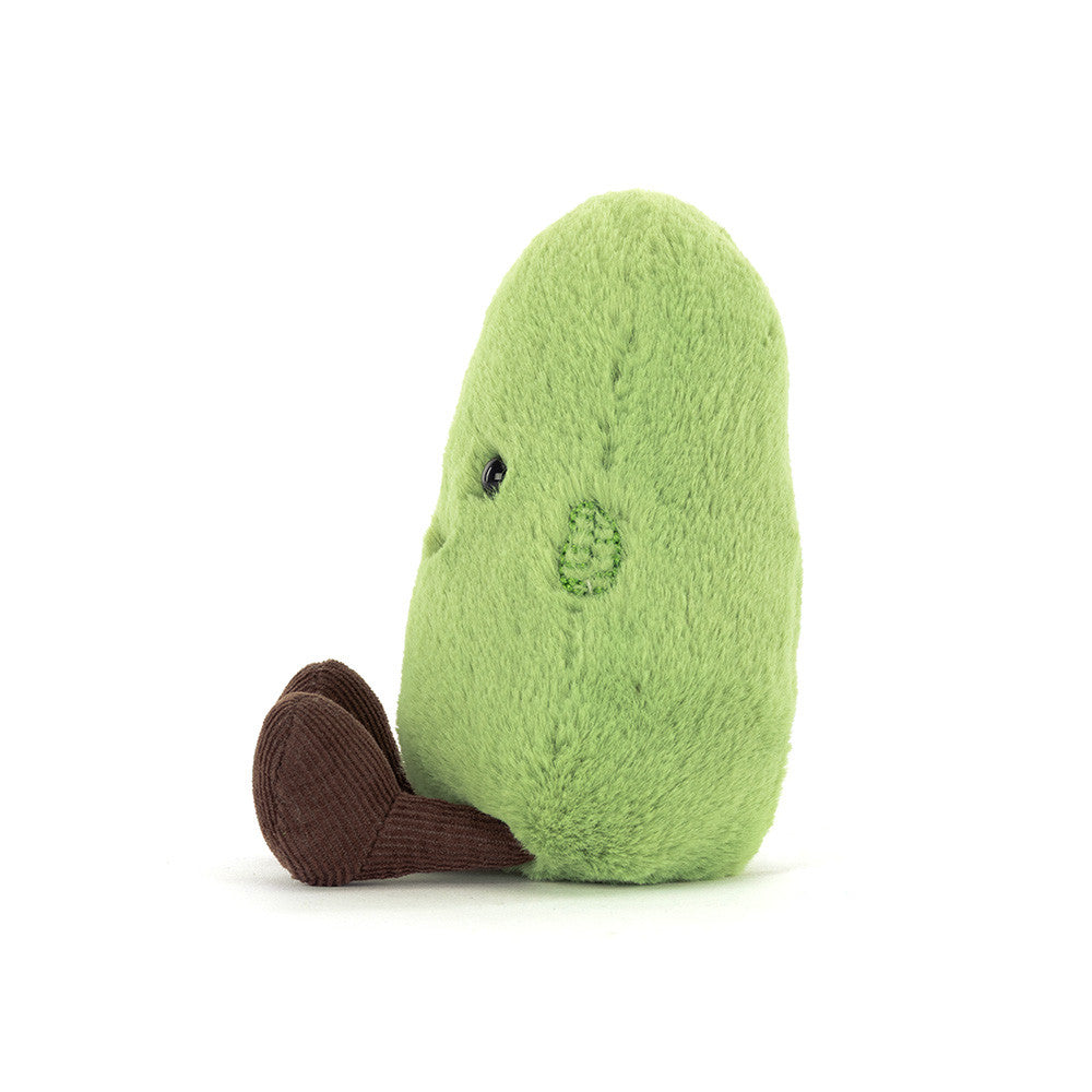 Plush toy by Jellycat featuring a lime green bean character on a white background with soft fuzzy texture and small dark brown corduroy boots