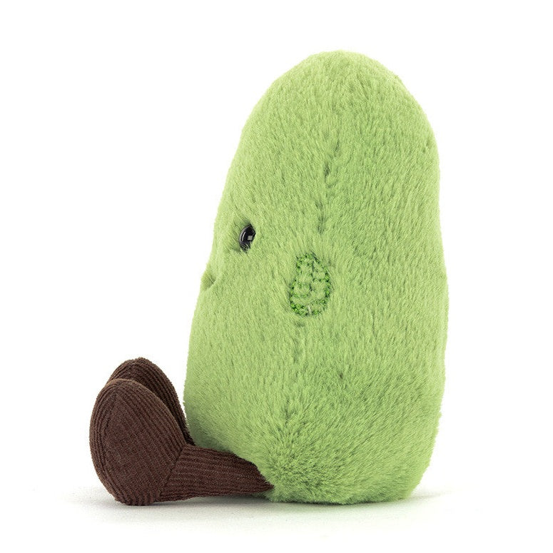 Green plush toy shaped like a pear with brown corduroy feet