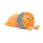 Plush toy by Jellycat of a smiling orange comet character on a white background featuring a long wispy feathery tail, a textured grey exterior, and shimmering gold legs