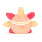 Back view of a peach and pink plush toy with yellow accents
