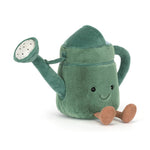 Jellycat plush toy of a charming green watering can with a smiling face, black button eyes, a white showerhead spout, and two floppy brown feet