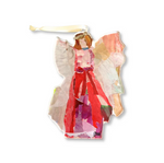 Collage ornament by L. Dunn featuring an angel with a vibrant red and purple torn paper dress, light translucent wings, a golden halo, and a cream ribbon hanger