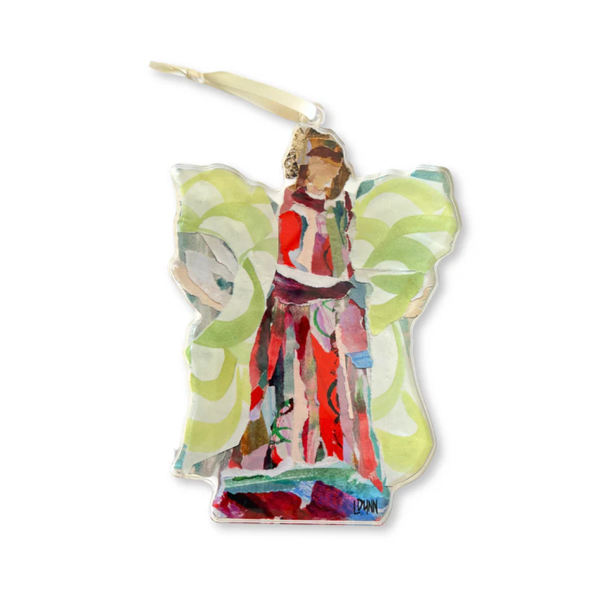 Acrylic ornament by LDunn depicting an abstract angel with a vibrant red and pink collage-style robe, swirling green wings, and a gold ribbon