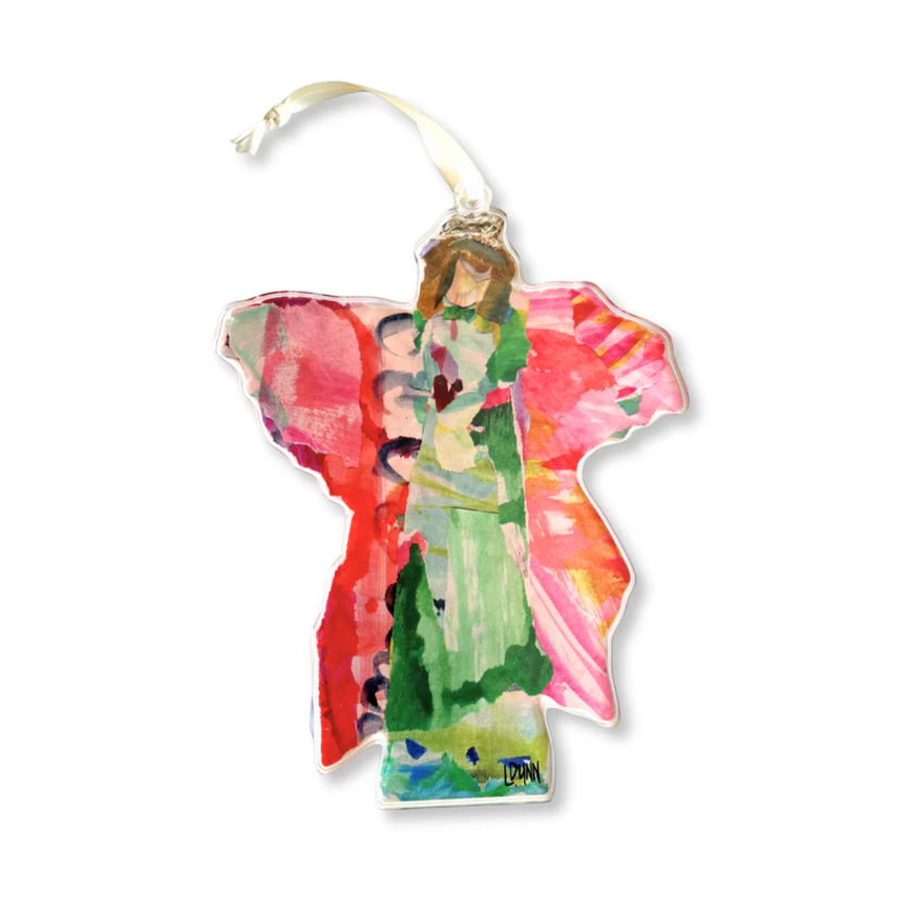Acrylic ornament by LDUNN featuring an abstract angel with a gold crown, vibrant pink and red brushstroke wings, and a flowing green dress