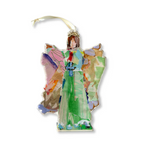 LMANN mixed media acrylic angel ornament featuring an abstract figure in a vibrant green gown holding a blue cross with colorful collage wings in pink, brown, and blue details, topped by a golden halo and cream hanging ribbon