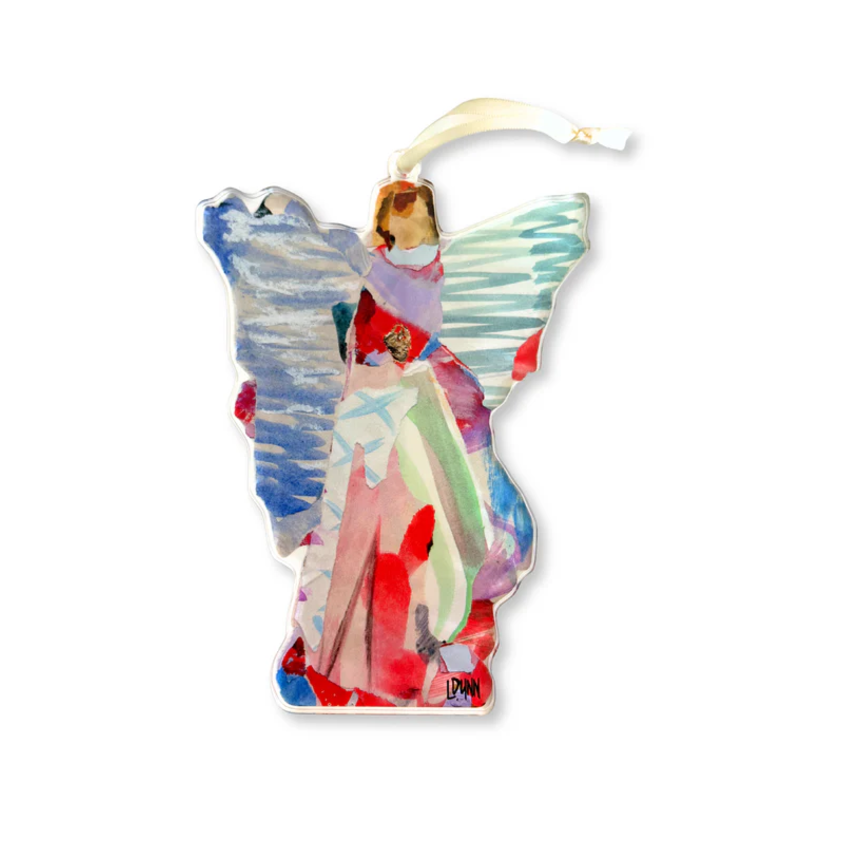 Acrylic ornament by L. DUNN featuring an abstract watercolor angel with a flowing red dress, blue and teal striped wings, and a golden heart accent