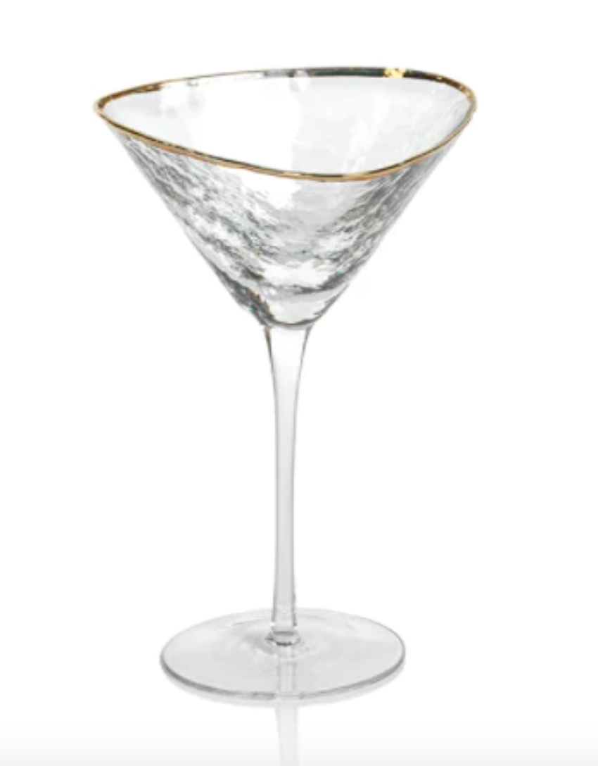 Hammered glass martini glass with a gold rim