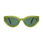 Product photo of I-SEA brand sunglasses featuring translucent lime green cat-eye frames with dark tinted lenses