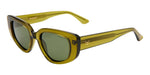 Product photography of I-SEA Audrey cat-eye sunglasses featuring olive green translucent frames, dark green lenses, an I-SEA logo on the left lens, and a golden seagull icon on the right temple arm