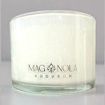 Product photography of a Magnolia Audubon white candle in a clear glass jar, featuring elegant gold branding with a prominent fleur-de-lis, referencing New Orleans