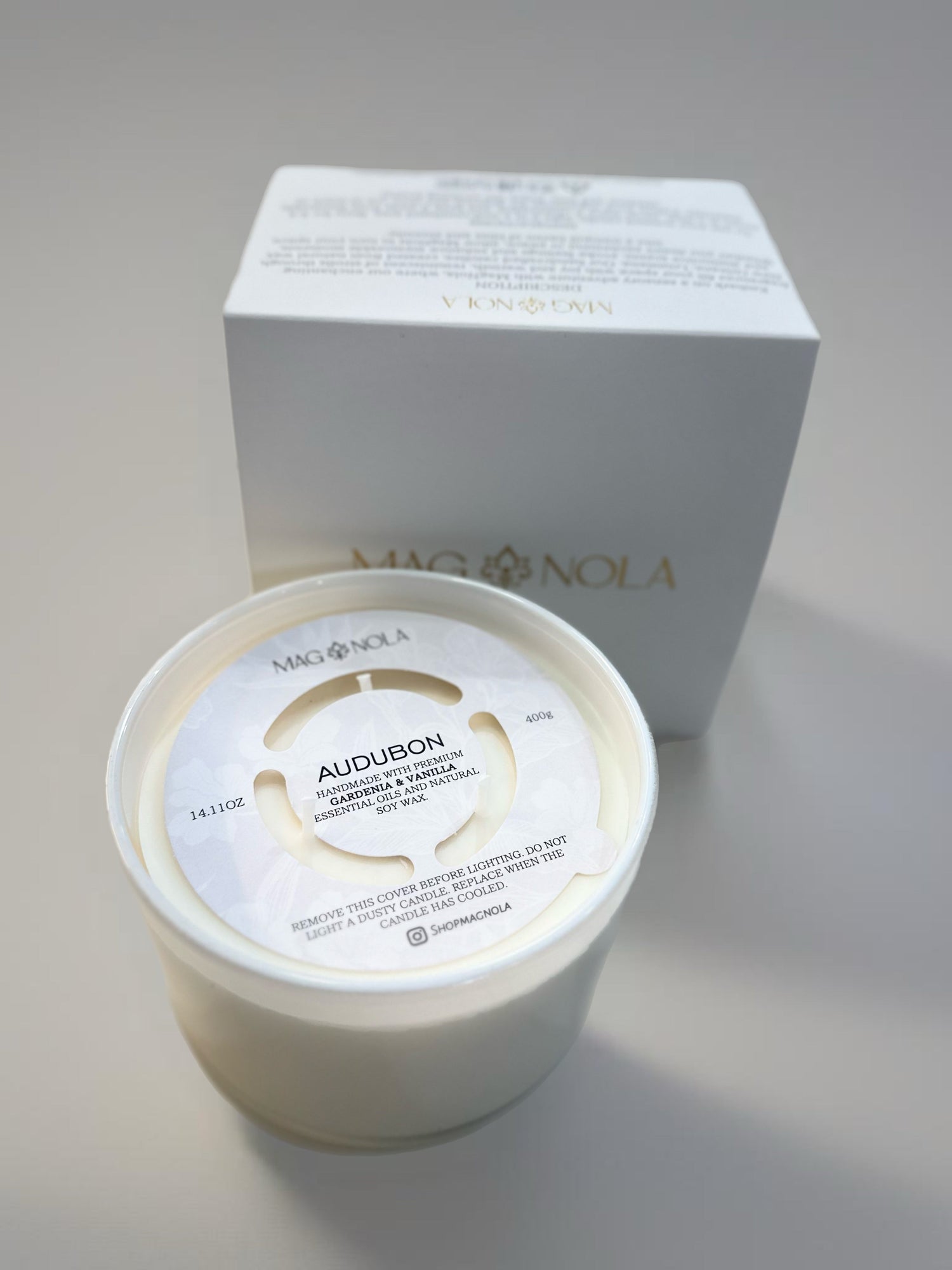 Magnola Audubon gardenia and vanilla scented soy candle with white box packaging