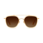 A pair of gold-colored aviator-style sunglasses with polarized amber lenses.