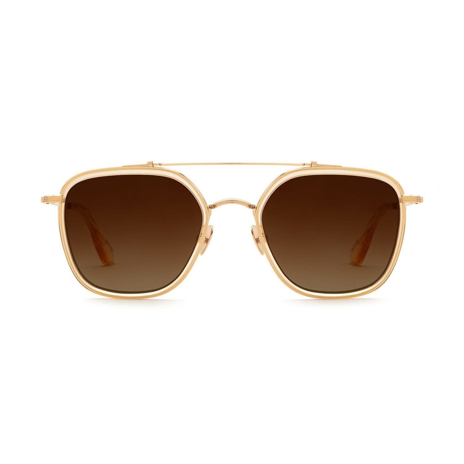 A pair of gold-colored aviator-style sunglasses with polarized amber lenses.