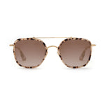 Pair of sunglasses featuring large hexagonal light beige tortoise shell frames with a gold-tone double bridge and temples and brown gradient tinted lenses on a clean white background