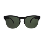 Product photograph of black matte flat-top browline sunglasses featuring dark green semi-rimless lenses and prominent temples