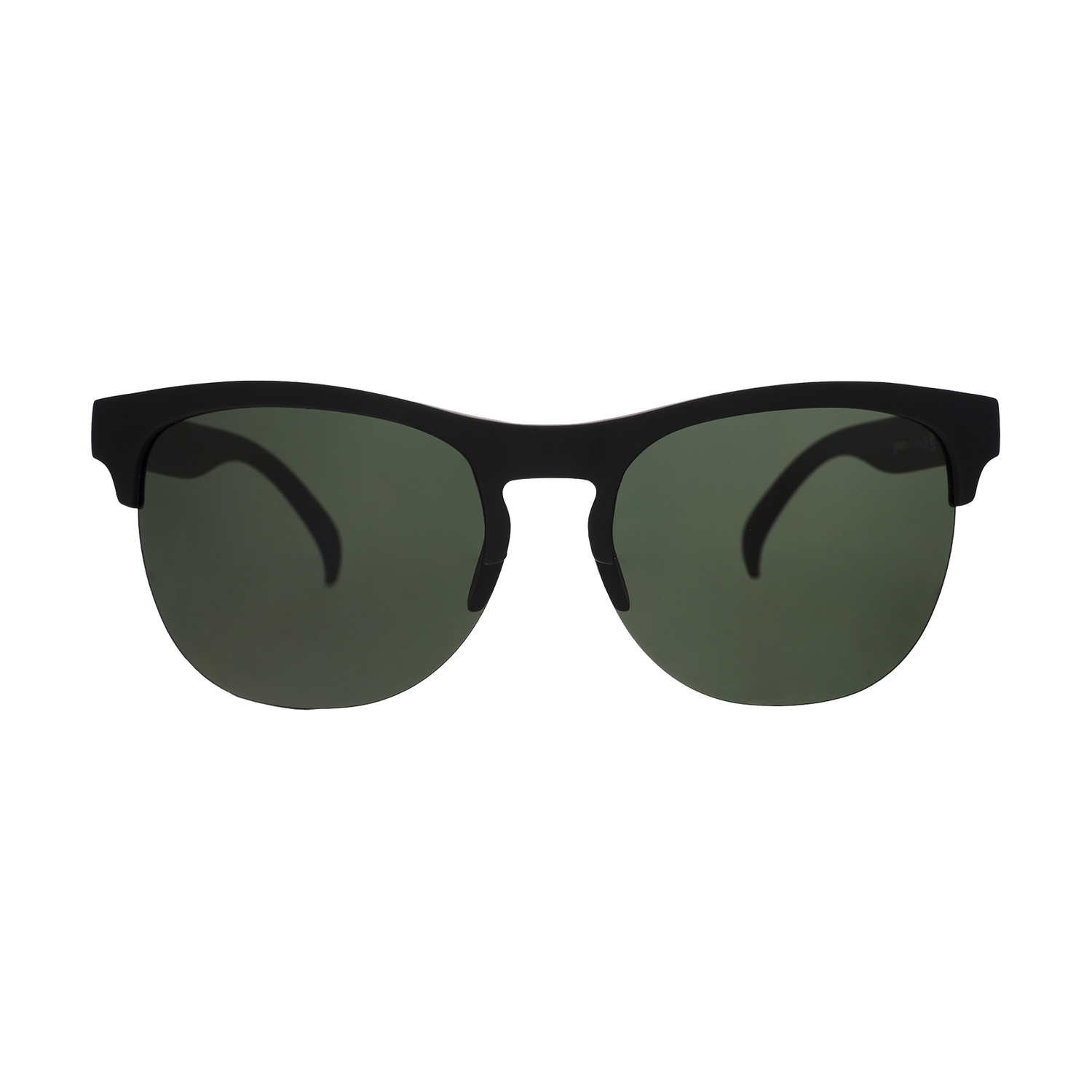 Product photograph of black matte flat-top browline sunglasses featuring dark green semi-rimless lenses and prominent temples
