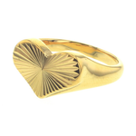 Yellow gold heart signet ring with a radiant sunburst engraved pattern on its face